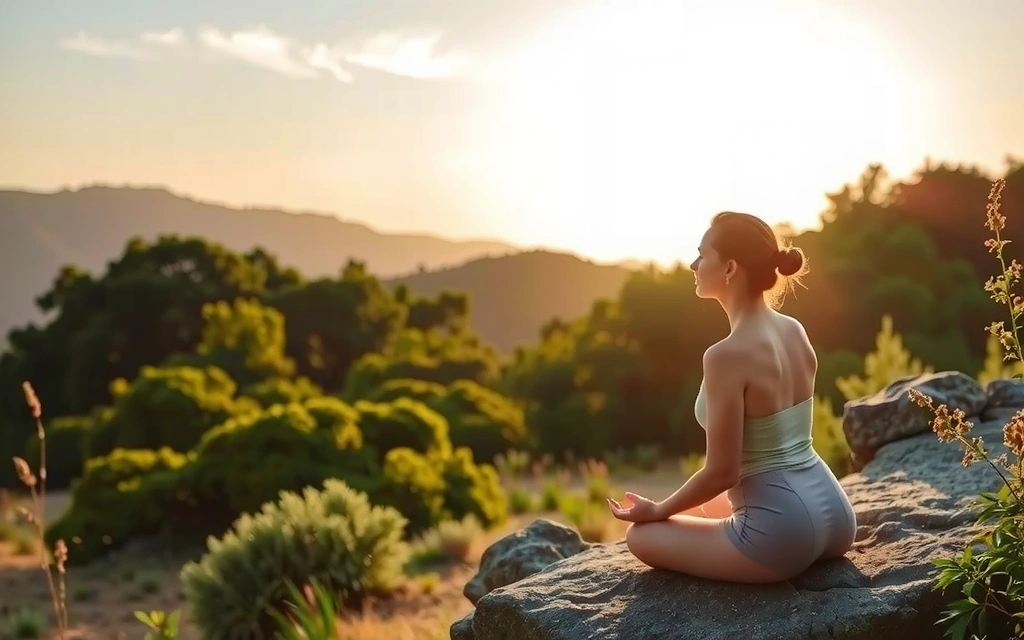 O persoană care meditează în natură la răsărit, simbolizând sănătate și bunăstare holistică.