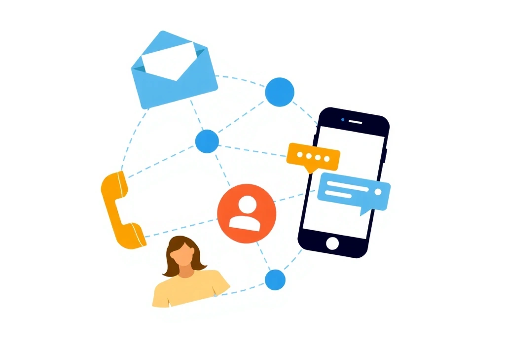 Ilustrație abstractă a unei interfețe de comunicare, cu pictograme de email, telefon și chat.