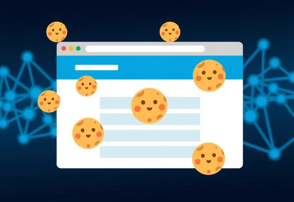 Ilustrație cu un browser web și iconițe de cookie-uri