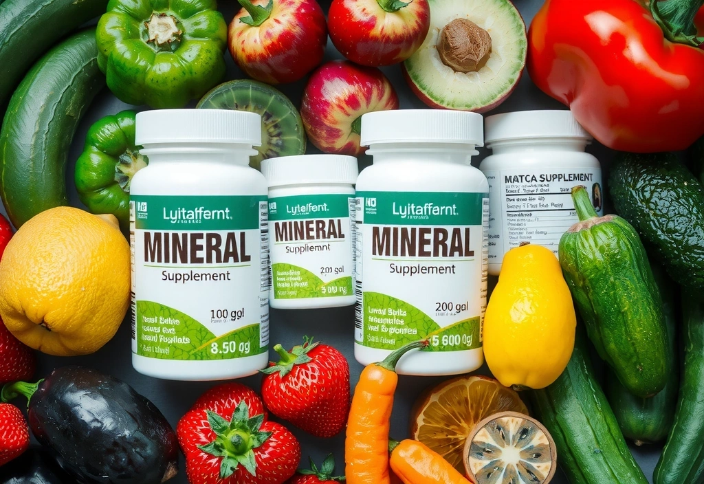 Imagine cu fructe, legume și suplimente minerale