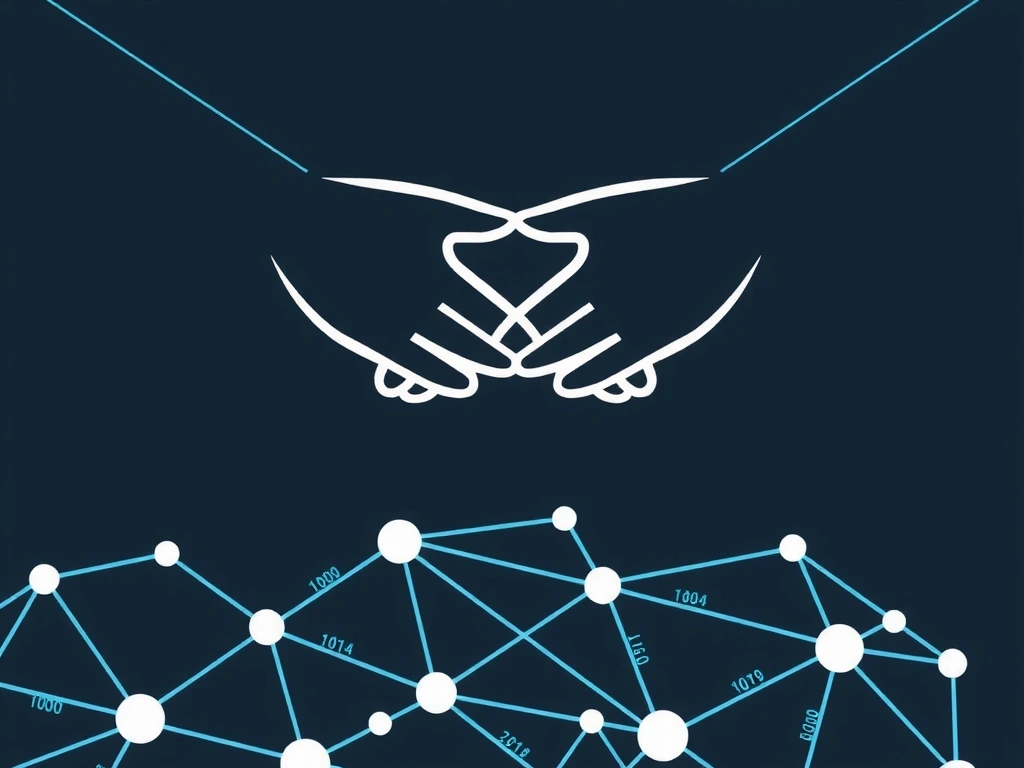 Ilustrație de parteneriat digital cu mâini care se unesc deasupra unei rețele de date