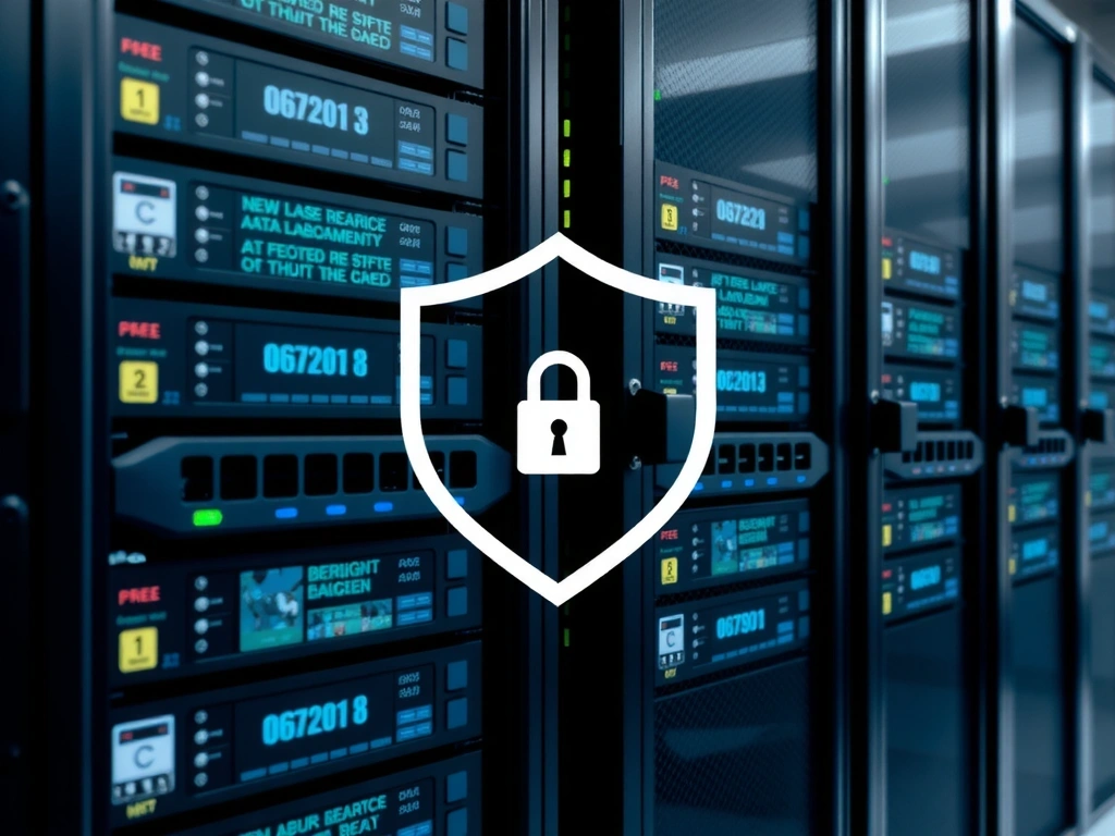 Ilustrație a unui server securizat cu un lacăt și firewall