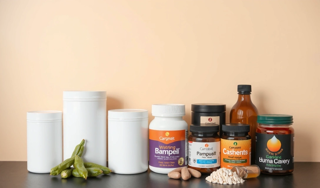 Diferite tipuri de suplimente alimentare în recipiente moderne, aranjate curat.