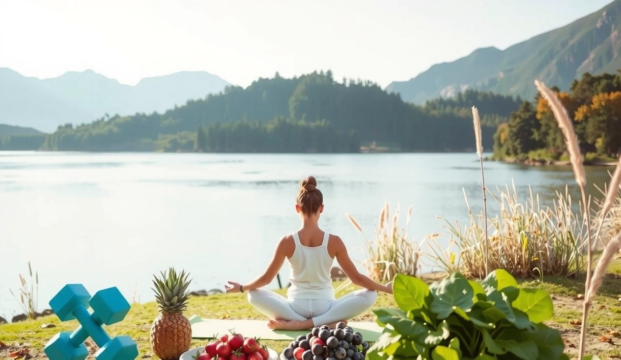 O scenă liniștită care înfățișează o persoană meditând într-un cadru natural, cu elemente subtile de alimente sănătoase și echipament de exerciții fizice integrate.