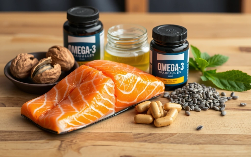 Capsule de Omega-3 alături de pește și nuci, ilustrând sursele bogate de acizi grași esențiali.