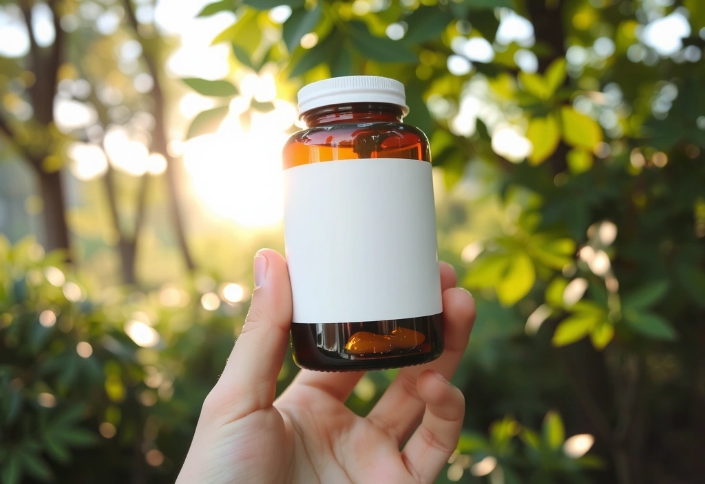 O mână care ține un recipient cu suplimente, cu eticheta vizibilă și fundal natural.