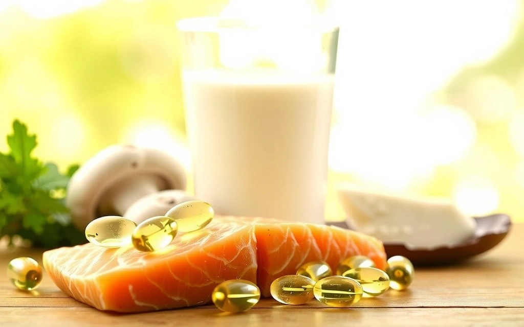 Suplimente de Vitamina D alături de pește gras și ciuperci, ilustrând sursele naturale.