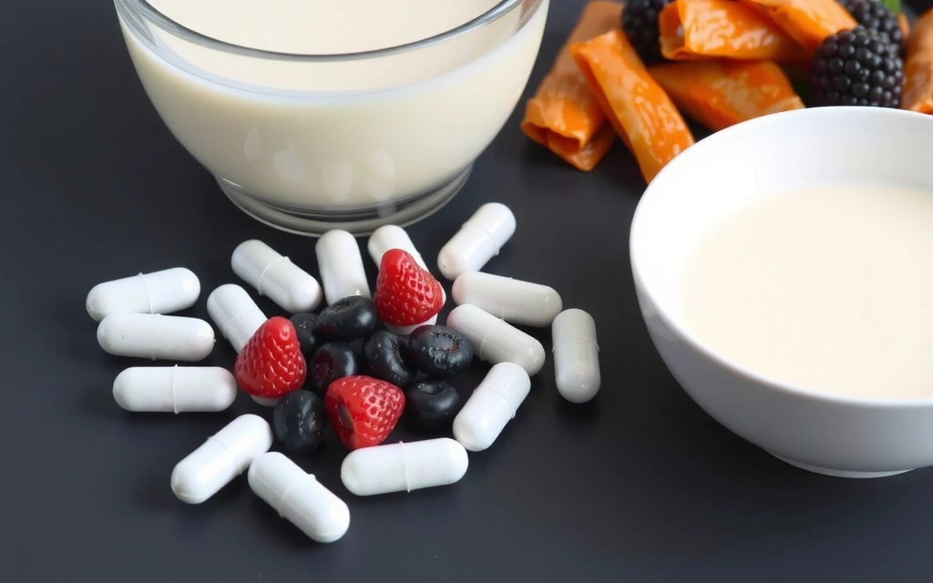 Suplimente probiotice lângă iaurt, kefir și alimente fermentate, simbolizând sănătatea digestivă.