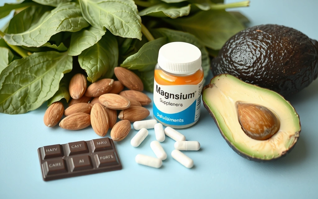 Suplimente de magneziu lângă legume cu frunze verzi, nuci și ciocolată neagră.