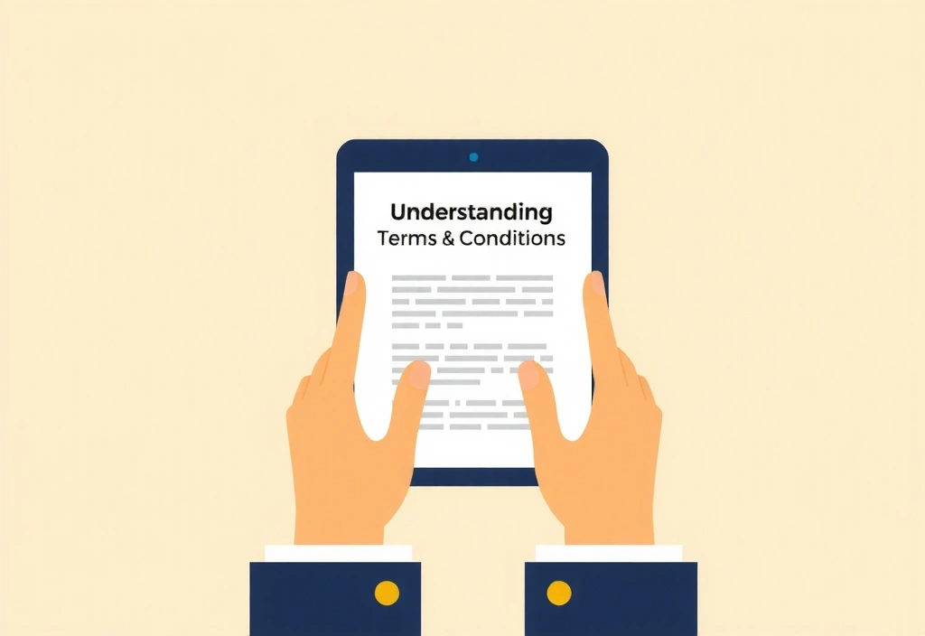 Ilustrație cu o persoană citind un document digital pe un ecran, simbolizând înțelegerea termenilor și condițiilor