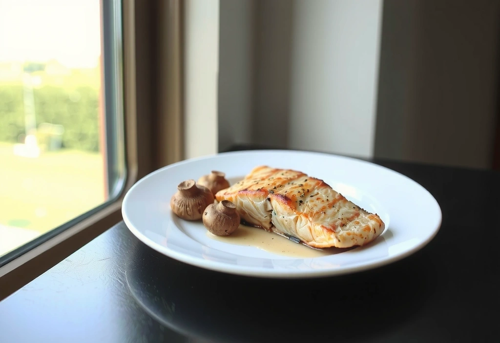 Un pește gras (somon) și ciuperci, surse de Vitamina D, lângă o fereastră luminoasă.